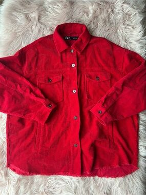 ZARA Bright Red Corduroy Button-Front Jacket 100% Cotton Large